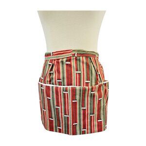 Red and green striped short half apron with 3 pockets